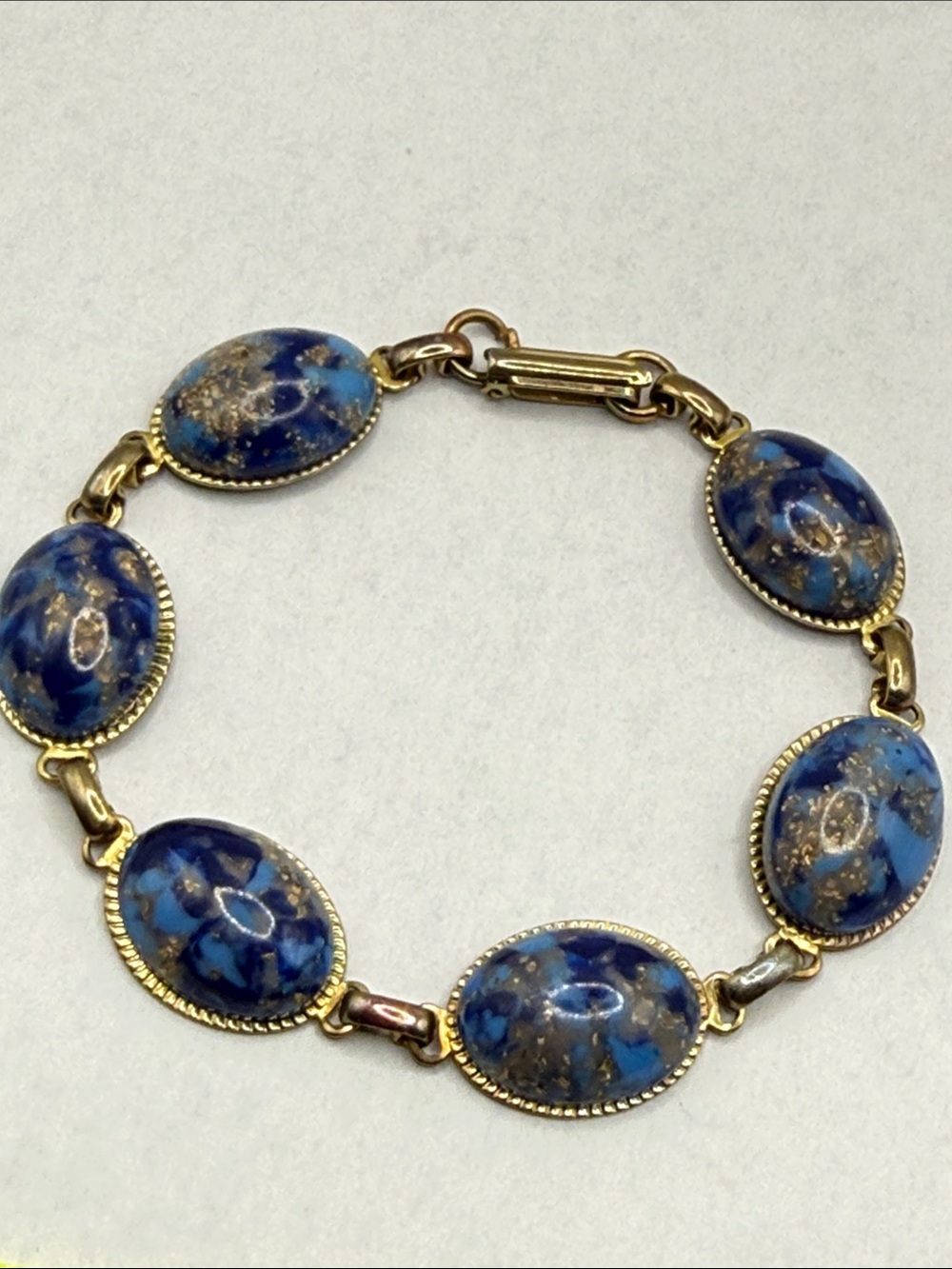 Vintage Blue Gold Fleck Oval Link station style link Bracelet confetti galaxy